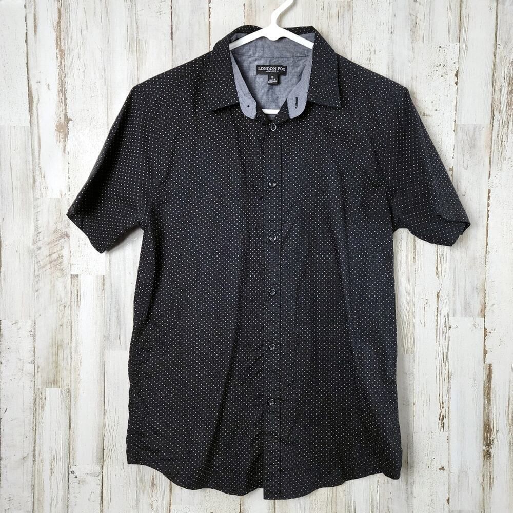 London Fog Button Down Short Sleeve Shirt Black Dotted Size Small